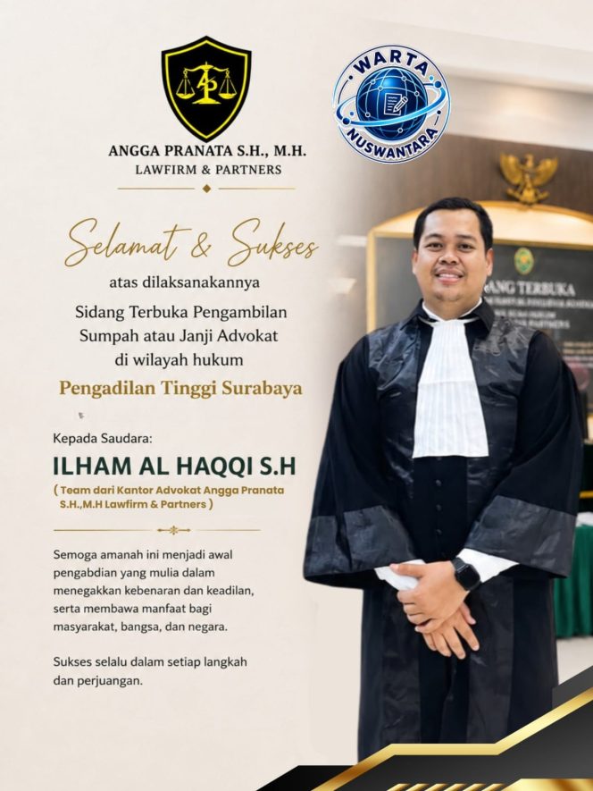 
					Ilham Al Haqqi Resmi Tempuh Tahap Baru Profesi Advokat, Angga Pranata Lawfirm Sampaikan Ucapan Selamat